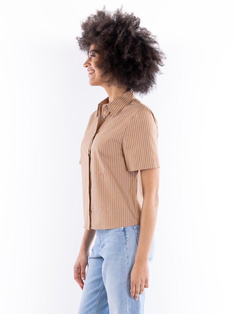 Camicia bowling Innuendo in cotone a righe verticali marrone-bianco 104779 A2FHLZ1 PINKO 