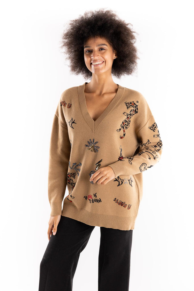Maglia scollo a v con ricami color tabacco MGKD11096 TABACCO AKEP 