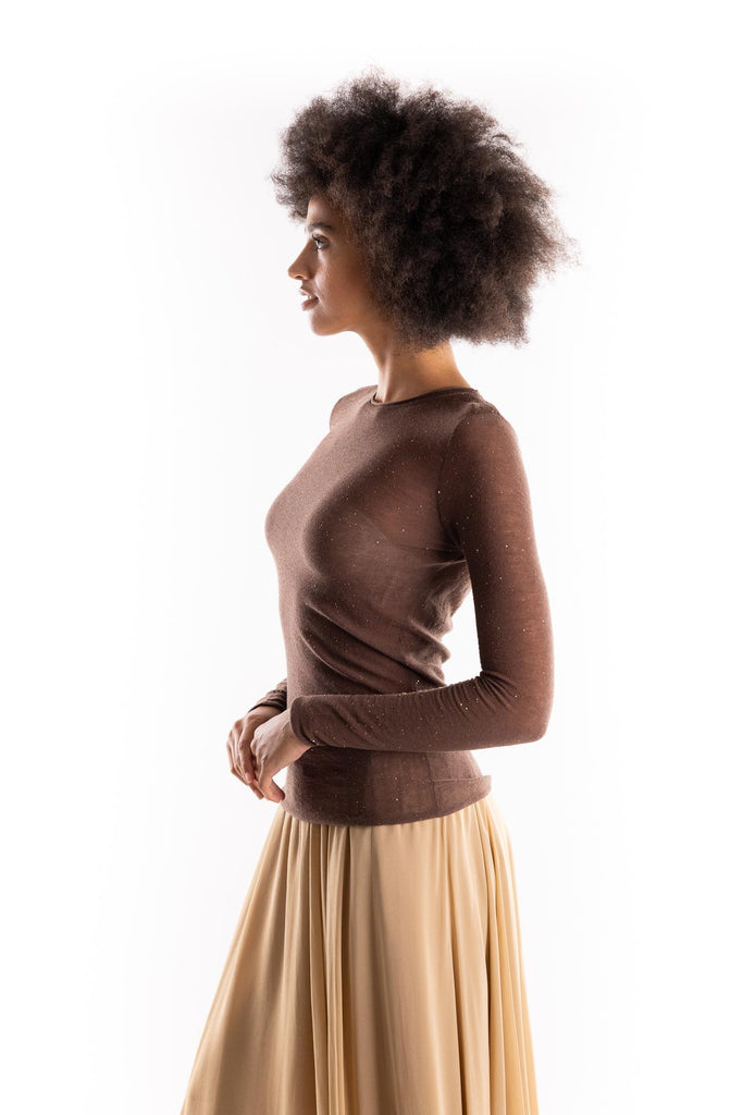 Maglia Pico girocollo ultrafine marrone con pailettes 105398 A2PMMARRONE PINKO 