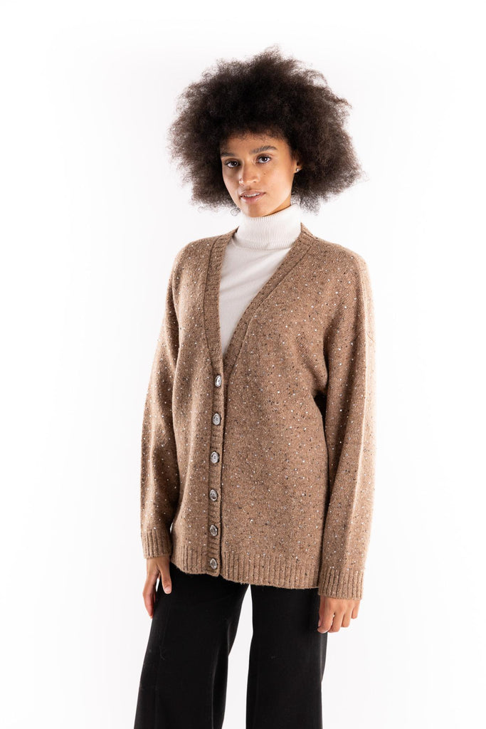 Cardigan Marche in tessuto bouclé cammello con strass 105739 A2U4CAMMELLO PINKO 