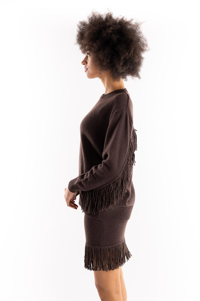 Minigonna in maglia con frange moro GOKD11015 MARRONE AKEP 