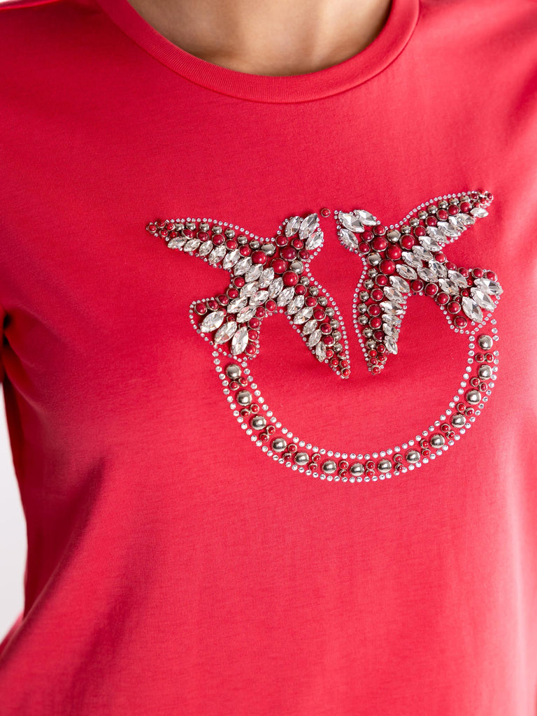 T-shirt Quentin rossa con logo Love Birds in cristalli 100535 A2G7O57 PINKO 