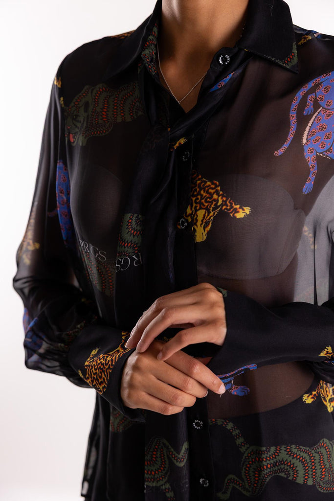 Camicia mista seta con stampa  tribal panther 15045 NERO 5 PROGRESS 