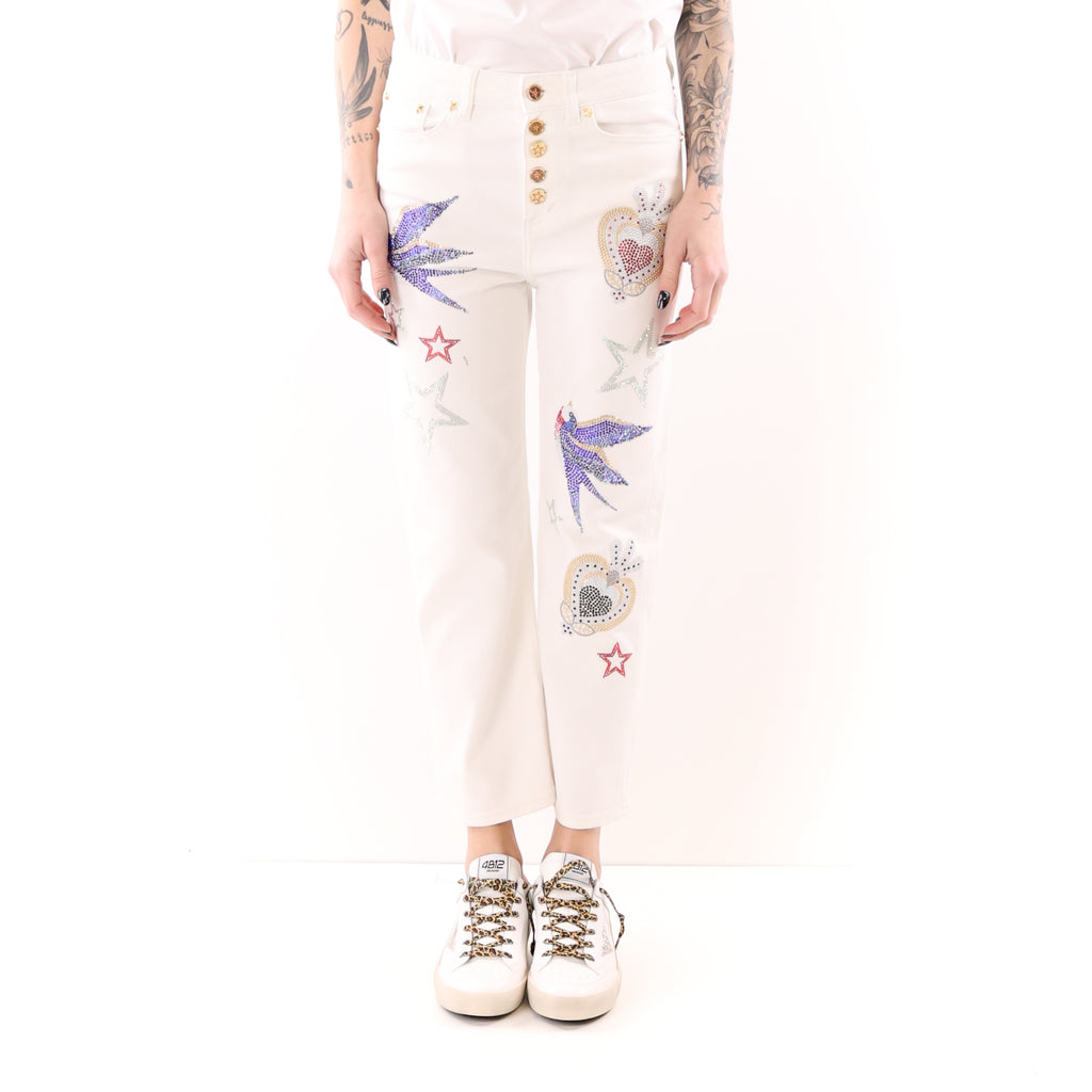 Jeans Loose bianco strass cuore sacro