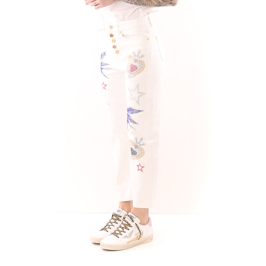 Jeans Loose bianco strass cuore sacro